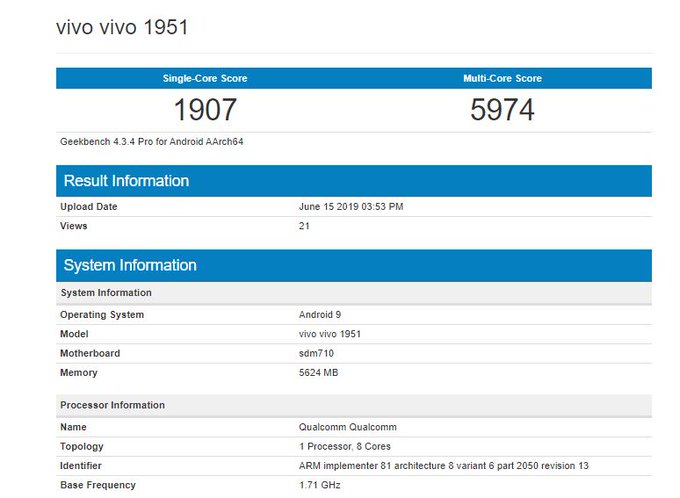 Vivo 1951 Spotted on the Geekbench, Snapdragon 710 Soc with 6GB Ram