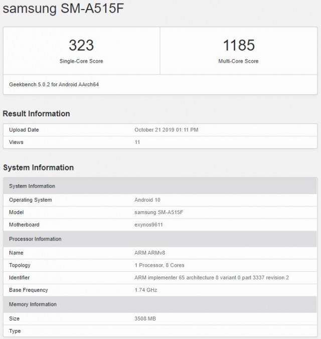 Samsung Galaxy A51 with Exynos 9611 Soc listed on Geekbench