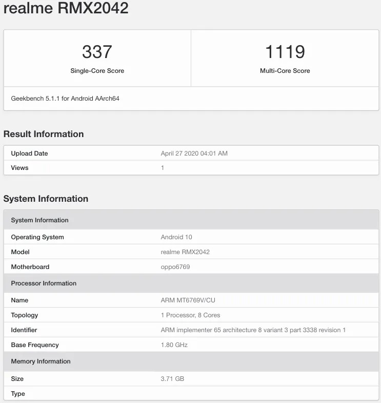 Realme Narzo 10 spotted on Geekbench with MediaTek Helio G80 SoC