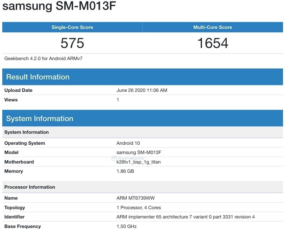 Samsung Galaxy M01 Geekbench