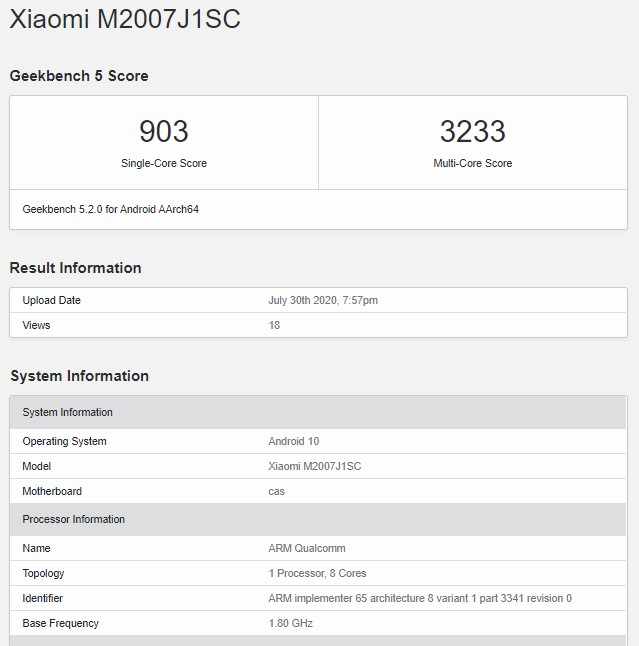 Xiaomi Mi 10 M2007J1SC spotted on Geekbench with 120W and Snapdragon 865+