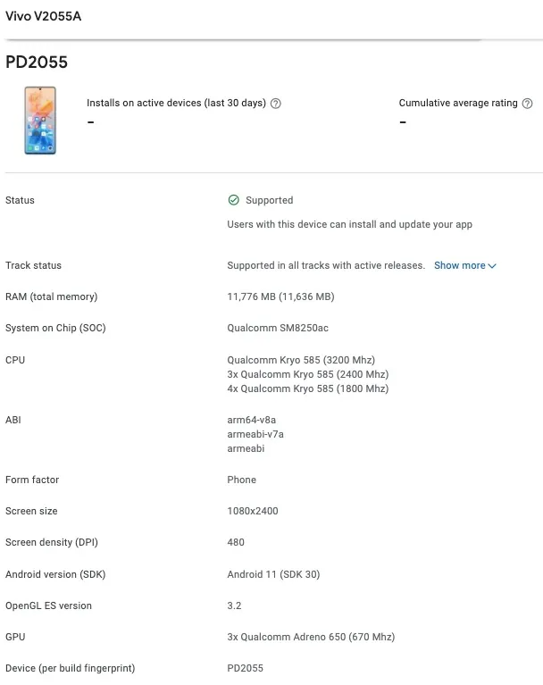 Vivo V2055A spotted on Google Play Console with Snapdragon 870